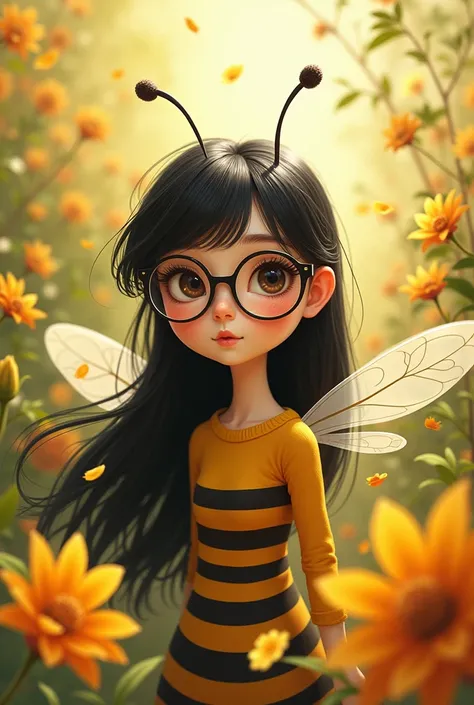 A cute female bee with long black hair and thin glasses