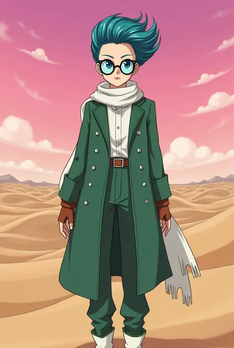 Imagine a 3 woman with an imposing posture and refined elegance, dressed in a green double-breasted coat, adorned with golden buttons that gleam in the desert light. The coat is over a crisp white shirt, and around the neck, she wears a white scarf that ad...