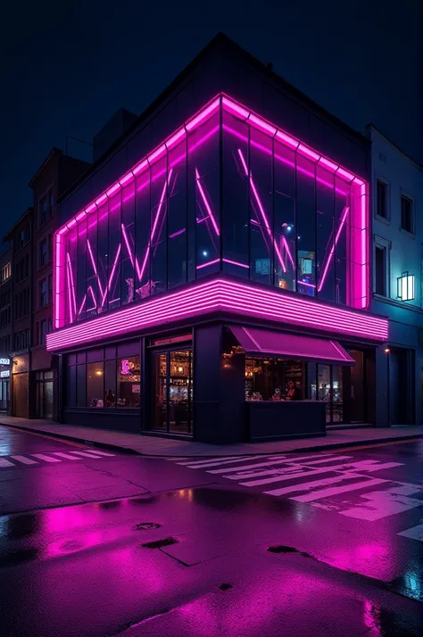 facade of a commercial establishment, a large and spacious corner bar in black and purple neon colors