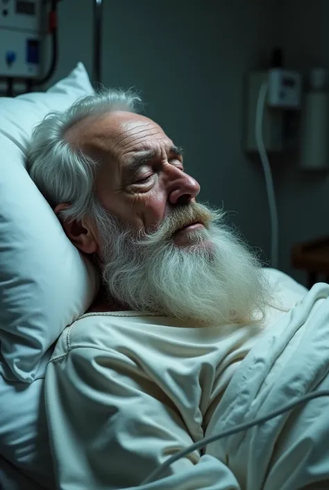 Sick old man lying on his side in a hospital bed with a white beard and oxygen 