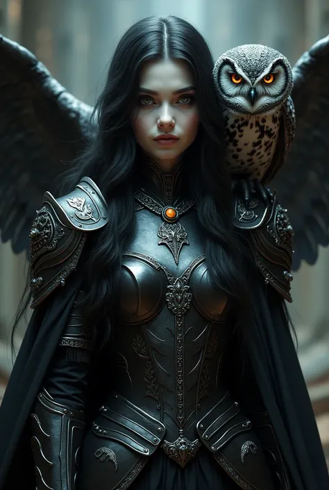 Black haired vampire girl in armor, with an owl on his shoulder