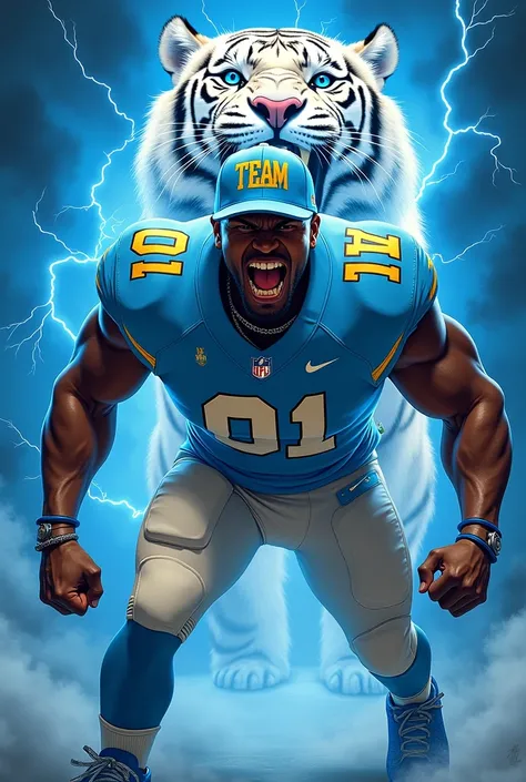 African American man with jewelry, in a baby blue and gold football jersey and matching hat both have T.E.A.M. On them the jersey has the number 01, Nike gym shoes in baby blue colors, with a growling face expression, blue splash background, phrase they do...