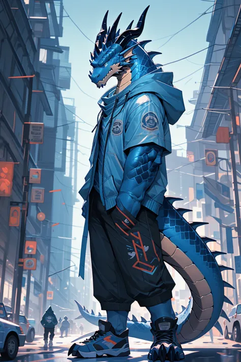 Anthropomorphic dark blue dragon, Height 177cm, Eyes slightly larger,With a smile on your face,two dragon horns on the head,The dragon horn is short ,Dragon horn facing back,age18,wearing Science Fiction Style light blue a hooded sweatshirt,wearing a pale ...