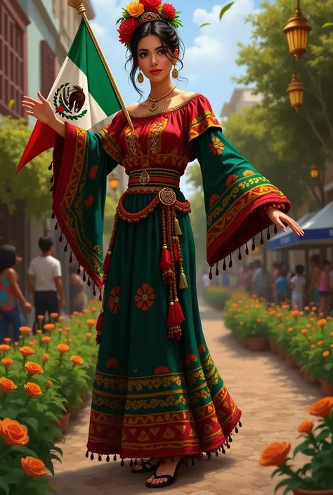 young lady in mexican costume holding mexican flag