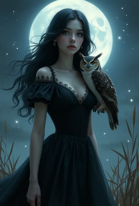 Vampire girl black haired in a dress on the background of the moon, with an owl on his shoulder