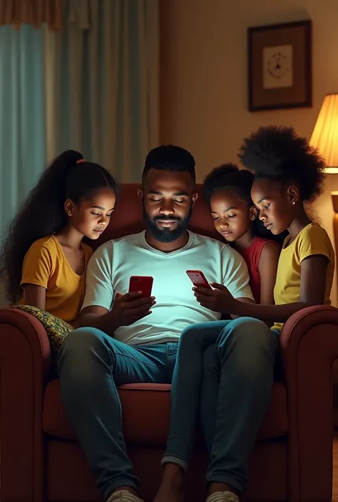 A man sitting in a living room with 3 African girls and each holding their phone 