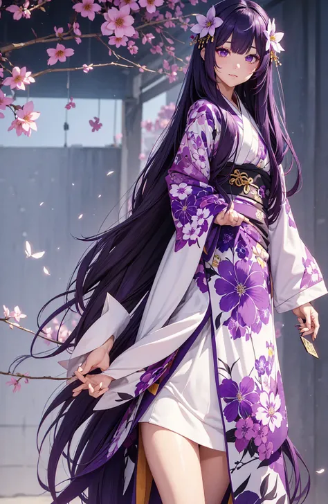 Purple eyes, Long Hair, Purple Hair, Character portrait, Flower tan、Flower pattern kimono、whole body(VTuberのCharacter portrait)、Standing straight facing forward、Slit eyes、Adult women