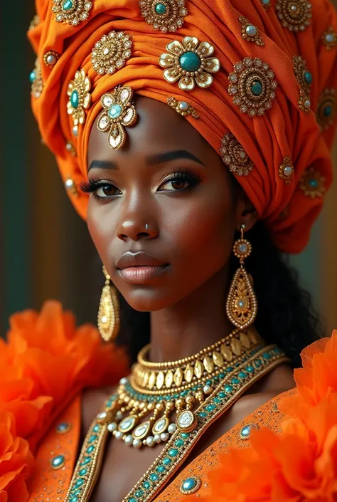 An award-winning masterpiece (photorealistic 1.2) Cultural Celebration: "Create a portrait of a woman in a maximalist outfit inspired by various cultures, featuring bold orange tones and elaborate designs. Highlight her expression and the intricate details...