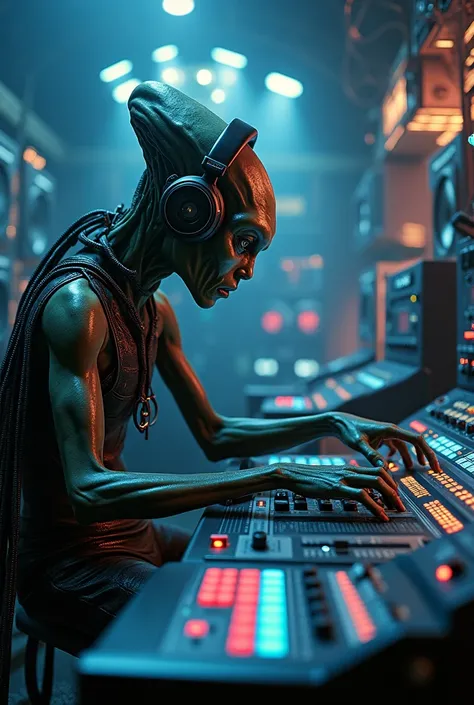 Extraterrestrial alíen using a sound mixer with headphones