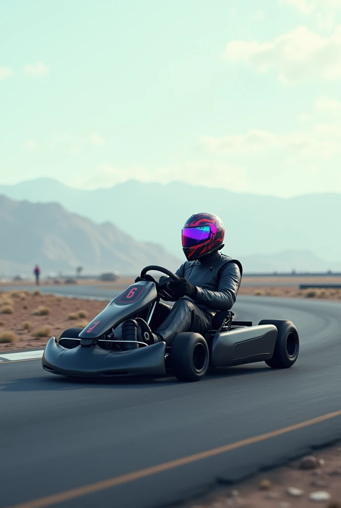 Un homme très loin faisant du carting avec un casque à motif couleurs rose et bleu sur un circuit avec une combinaison noir et blanche plus realiste  