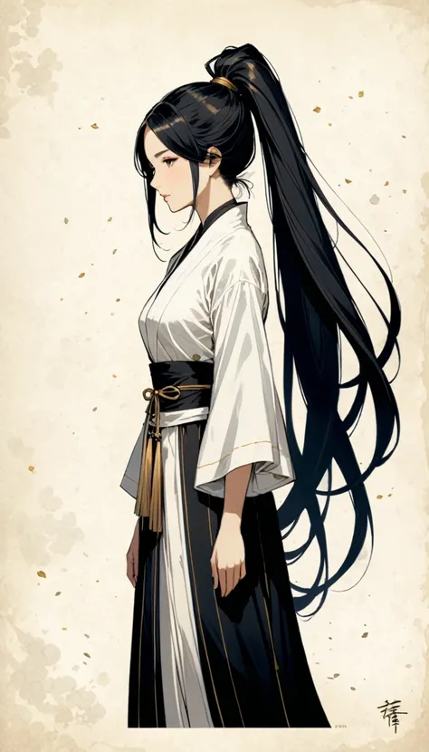 in style of Brad Kunkle
character concept design,1girl,ojou-sama posture，high ponytail,incredibly long hair