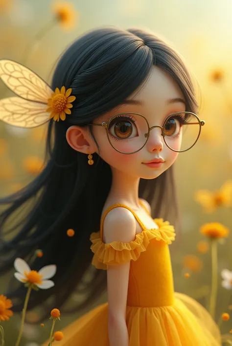 Very pretty little bee with long black hair and thin glasses so that her hairs cannot be seen on her body
