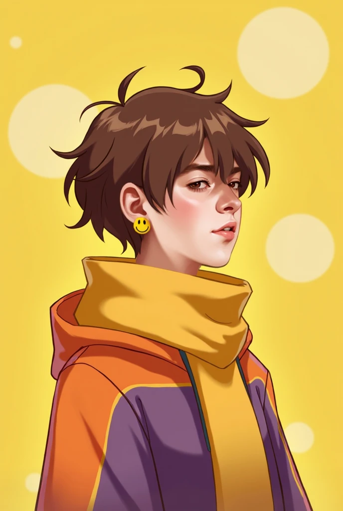 Digital illustration featuring a person with short, tousled brown hair and fair skin. The subject has a neutral expression and is wearing a yellow scarf and a multicolored jacket with shades of orange, purple, and yellow. A notable accessory is a yellow sm...