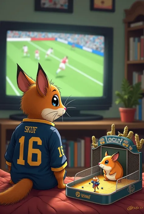 Draw a skuf who watches football and clicks hamster combat

