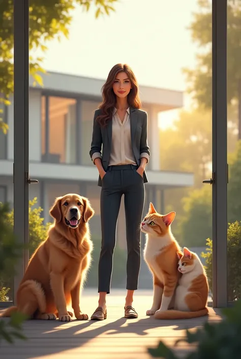 brunette girl architect with money , a house in the background and a golden dog and two cats, peace of mind reality
