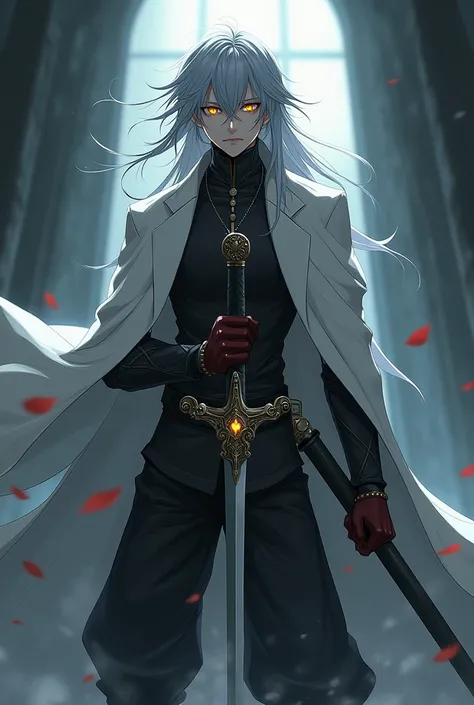 Vampire,MASCULINE,knight,eyes with yellow pupils,long gray hair,sword in hand,poder de gravAge estlo anime medieval,Age(1),adolescent,white overcoat.