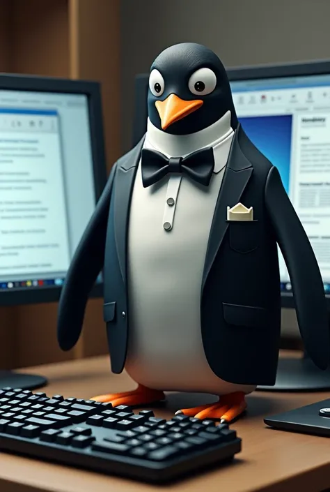 A penguin with bibliographical manager clothes that is a pet that is on a computer and that has the Zotero and Medeley applications in the background



