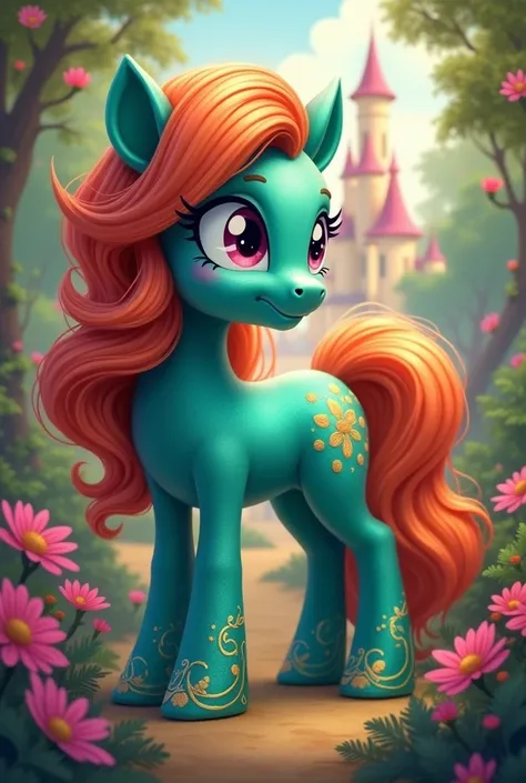 create a new colorful pony princess with a mane that is a different color from her skin, not pink from my little pony