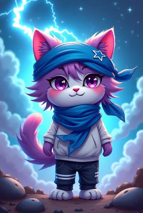 cat plush，Thunder Lion，hairy，furry, blue long turban ，There is a five-pointed star pattern on the headscarf，headscarf flying，White sweatshirt，Black jeans with white stripes，Q version，Aloof，Handsome，Simple art style，Cartoon style，purple eyes，close one eye，G...