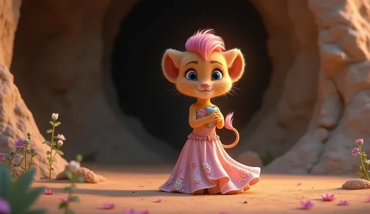 Ria(A delicate, 3D Pixar-style lioness cub with a soft pink mane and large blue eyes. She wears a flowing pink and white floral gown with a silver heart pendant. Her fur is light golden, and she carries a gentle, graceful demeanor) hesitates, clutching her...