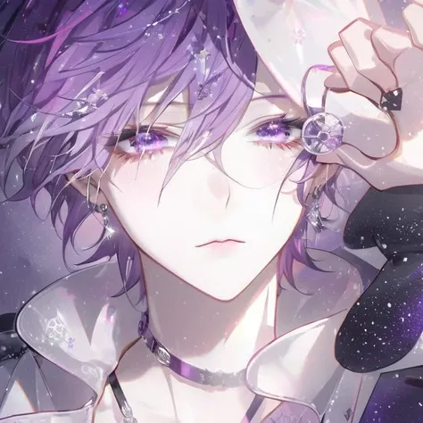 The character Teen Boy and stylized appearance, with short purple hair and a slightly falling fringe in the front, adorned with white details resembling crystals or shimmering strands. Their large, purple eyes are emphasized by intricate makeup in shades o...