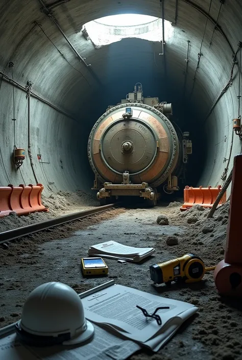 bottom of a subway tunnel under construction with the Shield TBM tunnel boring machine arriving breaking the tunnel wall on the ground a project roll and a white construction helmet and a tape measure and black safety glasses and a cell phone 