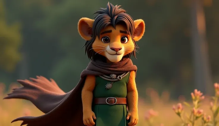 Vivek(A mysterious 3D Pixar-style lion cub with a dark brown mane that falls over his face. He wears a simple forest-green tunic with silver accents and a rugged brown cloak. His dark eyes are filled with hidden emotion, and his posture is reserved and cal...