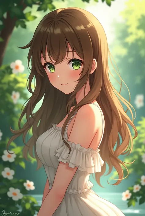 1 anime girl in nature with long wavy brown hair with big green eyes and tender cheeks with a curvy body 