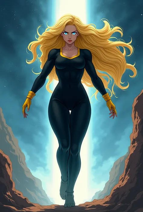 woman, giant golden hair emanating light, giant hair, long hair, blue eyes shining, black long sleeve bodycon one piece outfit, with yellow details, yellow details on the sleeves, serious face, serious expression, Angry face, serious look, strong slim body...