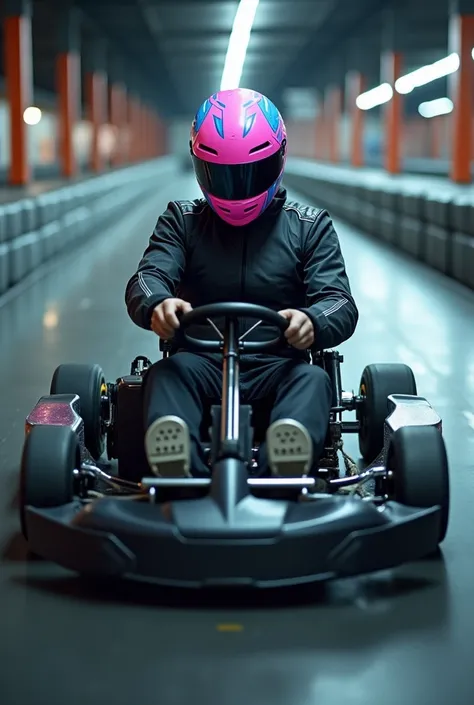 Un homme très très loin faisant du carting avec un casque à motif couleurs rose et bleu sur un circuit en intérieur avec une combinaison noir et blanche plus realiste  