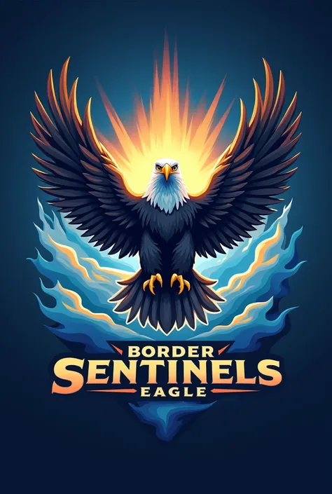 Create a logo image for the Eagle Unit of the Pathfinder Club, which is called Border Sentinels., with vibrant colors, mixing blue and gold, an illuminated light, an eagle flying in the sky amidst clouds, create the sense of sentinel