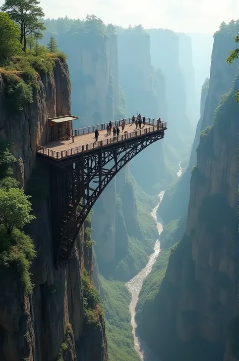 A platform of iron beams embedded in a 200-meter-high cliff , It protrudes 40 meters into the void .. There is a vertigo attraction on the platform