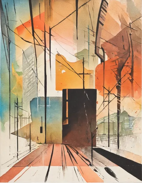 Watercolor painting of a surrealist poster, dashes and lines, Canvas picture colors: rot, brown