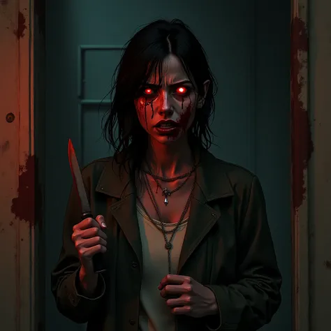 a scared woman in a coat with red eyes with her face covered in blood in a dark room with a knife in her hand