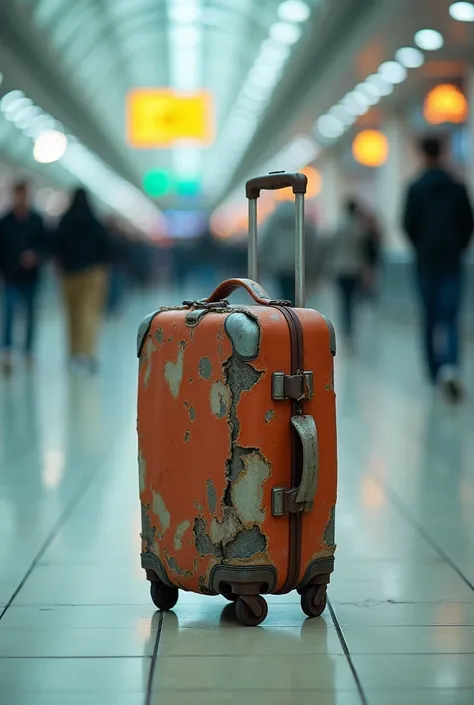 photo of a damaged suitcase, Broken, with loose wheels, at the airport