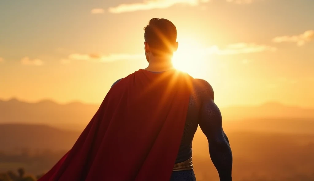 superman looking at the sunny horizon. standing with his back to the camera