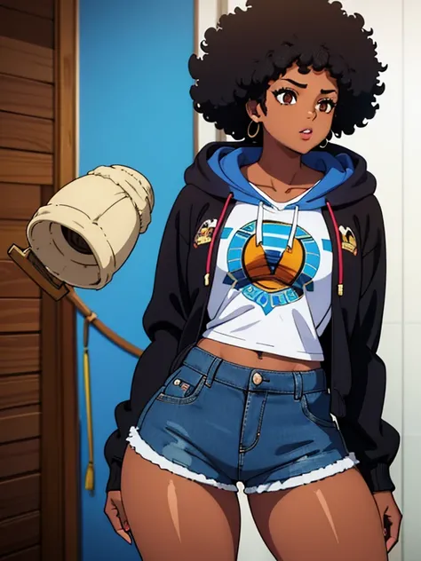 Sexy African Girl, black afro, afro hair, brown eyes, dark skin, wear a blue hooded sweatshirt, Graphic design jacket and tight short denim shorts,thick thighs,sexy girl, full lips,thin waist,tons of tattoos and piercings, Perfect masterpiece, high quality...