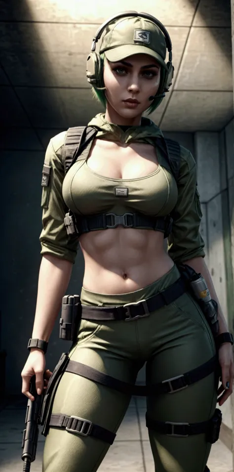 ela rainbow six siege, green short hair, cap, tactical headphones, belts, straps, tight cloth, sexy pose, pockets on the cloth, thin narrow waist, 4 size breasts, yoga military pants