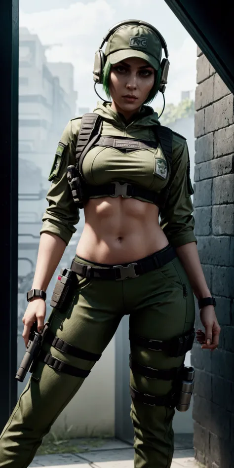 ela rainbow six siege, green short hair, cap, tactical headphones, belts, straps, tight cloth, sexy pose, pockets on the cloth, thin narrow waist, 4 size breasts, yoga military pants