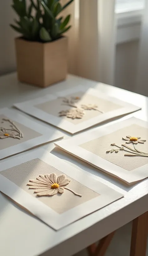 Small photos of a flower drawn in the sand were on a desk. 