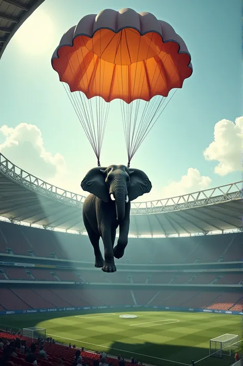 An elephant with a parachute falling into the Bernabeu in Madrid