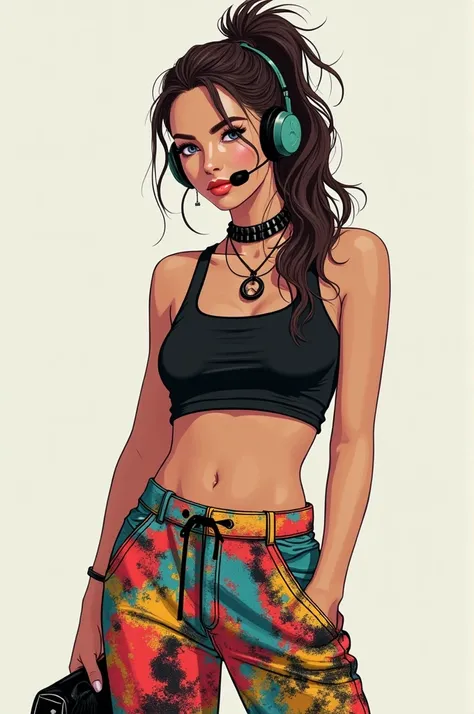 1 woman, Ponytail, headset, Funky Wild Pants, Black crop top, black bag, purity