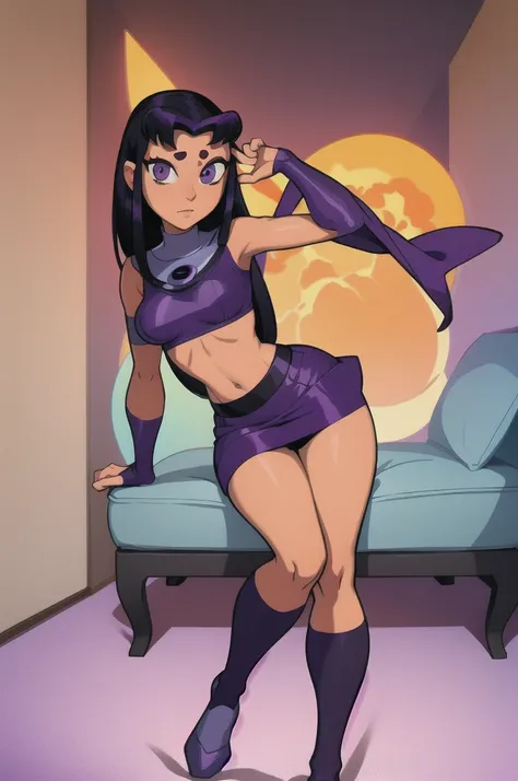 masterpiece, The best quality, 1 girl, blacfire, black hair, by the wide, purple eyes, orange skin, Purple top, purple skirt, socks, looking at the viewer, provocative pose, big chest, Wide hips, camera from behind