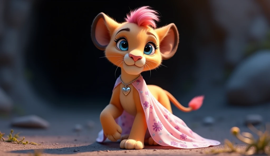 Ria( A delicate, 3D Pixar-style lioness cub with a soft pink mane and large blue eyes. She wears a flowing pink and white floral gown with a silver heart pendant. Her fur is light golden, and she carries a gentle, graceful demeanor) follows cautiously, her...