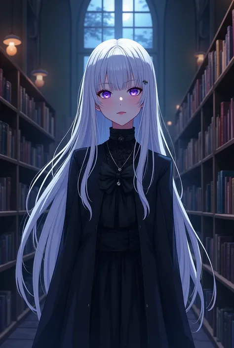 A woman with long white hair and purple eyes in gothic clothes in a bookstore at night in 2D anime style 