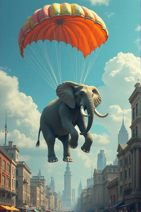 An elephant on a parachute floating in a city