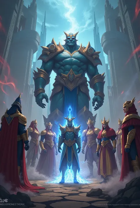 Please help me put the following nine heroes in League of Legends into one picture，Galio、Victor、Lisandra、intelligent、The Master of Destiny、Dragon King、Sindra、Ryze and Vladimir