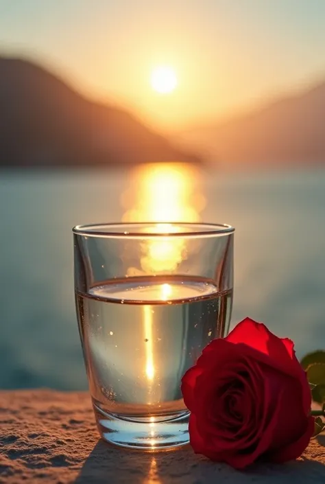 The sun in a glass cup by the sea., against the backdrop of the mountains, a regular classic shaped glass, open from above, below, next to the glass, it&#39;s a red rose, high quality realistic photography