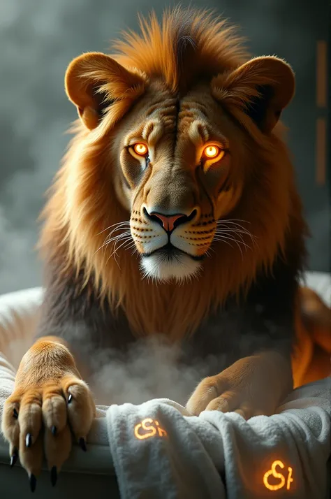 A Lion with Gold-glowing eyes in an steam Bath, with towels around with glowing „DSF“ imprint