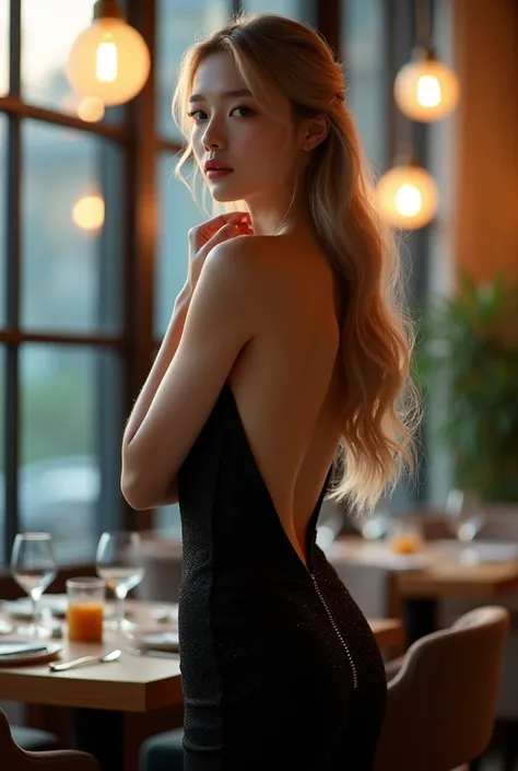 korean girl, grey eyes with long ash blonde hair, restaurante por la Evening, full body, standing in front of the camera, calm look, combing. stop, Looking at the camera, made up, dressed elegantly, black shiny long dress, windows, Lights, Evening, carved ...